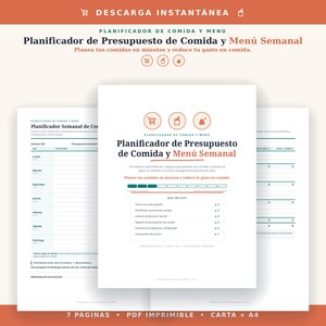 May include: A seven-page printable meal and budget planner in PDF format, featuring a weekly menu layout, grocery list, pantry inventory, and price tracker. The document includes text in Spanish, with sections for daily meal planning and expense tracking.