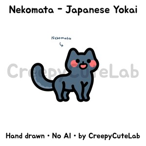 May include: A digital illustration of a dark blue Nekomata cat with two tails, pink cheeks, and a wide mouth. The text reads Nekomata - Japanese Yokai, CreepyCuteLab, and Hand drawn - No AI - by CreepyCuteLab. The cat has a thick black outline.