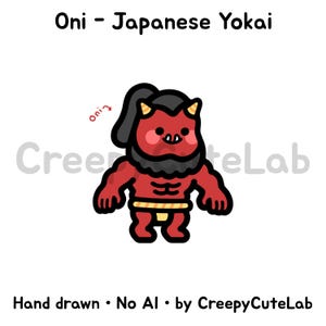 Könnte beinhalten: Eine digitale Illustration einer roten Oni-Figur mit schwarzem Haar, zwei gelben Hörnern und einem dunklen Bart. Die Figur trägt einen gelben Lendenschurz und hat einen muskulösen Körperbau. Text: Oni - Japanese Yokai, CreepyCuteLab, Hand drawn, No AI.