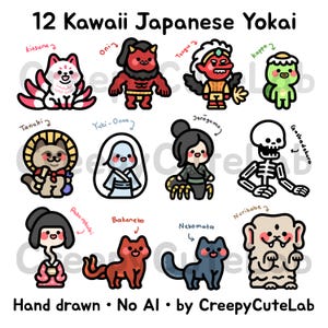 Puede incluir: Una ilustración digital titulada 12 Kawaii Japanese Yokai que presenta doce personajes coloridos: Kitsune, Oni, Tengu, Kappa, Tanuki, Yuki-Onna, Jorogumo, Gashadokuro, Rokurokubi, Bakeneko, Nekomata y Nurikabe, con el texto Hand drawn No AI by CreepyCuteLab.