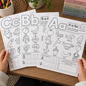 May include: Three white educational activity sheets featuring the letters A, B, and C. Each page includes black line drawings of objects starting with the corresponding letter, such as an apple, ant, ball, banana, cat, and car, along with tracing practice lines.