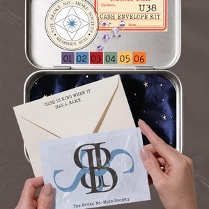 Puede incluir: Una caja de metal plateado que contiene un kit de sobres para efectivo. La tapa presenta un sello circular, una etiqueta de almacenamiento marcada como U38 y seis cuadrados de colores numerados del 01 al 06. Contiene tela azul estrellada.