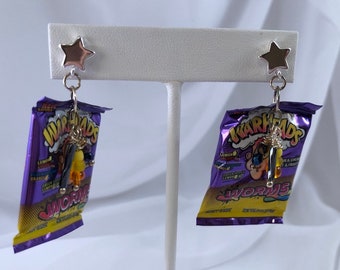 Miniature Packages of "Warheads Worms" Candies, Beaded "Mini Brands" Novelty Earrings