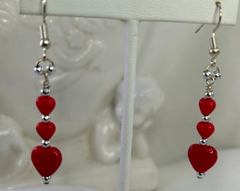 Red Czech Glass Heart Dangle Earrings