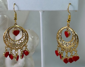 Heart Chandeliers are A-Twinkle with Golden Filigree Hoops and Red Enameled Heart Charms