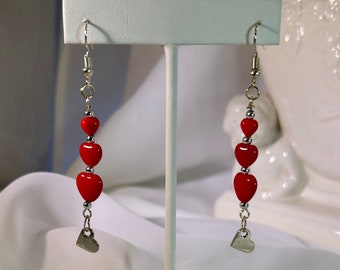 Little Cascade Dangle Earrings - Opaque Red Glass Heart Beads with Silver Heart Charm