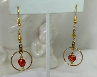 Hoopful Hearts Dangle Earrings Feature Twin Opaque Red Pressed Czech Glass Heart Beads Speckled with Gold Haloed with Golden Color Rings