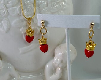 Prince of My Heart Necklace, Pendant, and Earring Set made with Pressed Czech Glass Opaque Red Heart beads and Tiny Gold Plated Crowns