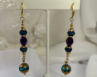 Peacock Inspired Glass Bead Dangle Earrings, Blues, Purples, Golds