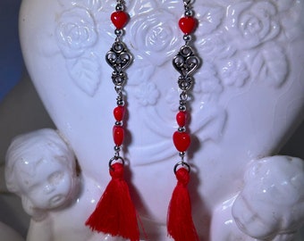 Love of a Lifetime Shoulder-Duster, Extra Long, Tasseled  Dangle Earrings with Opaque Red Pressed Czech Glass Hearts and Silver Findings