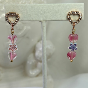 Young Love Dangle Earrings with Rose Golden Color, Rhinestones, Pressed Czech Flower Beads, and Swirled Murano Glass Beads