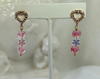Rose Gold Rhinestone Heart Dangle Earrings, Czech Glass Flowers