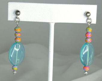 Aqua & Pastel Dangle Glass Bead Drop Earrings