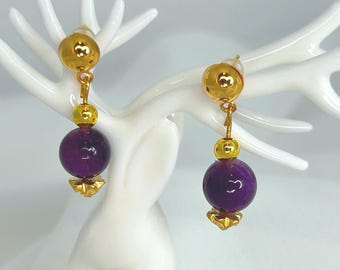 Deep Purple Amethyst Bead Earrings with Gold Plated Accents