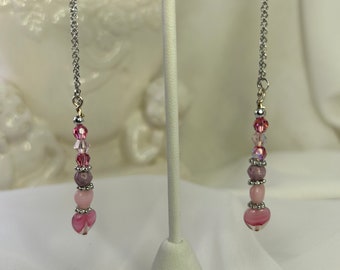 Pink Heart Ear Threader Earrings: Murano Glass Style Beads