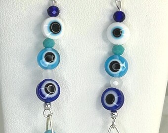 Blue, White & Aqua Evil Eye Dangle  Beaded Earrings, Nazar Protection Jewelry
