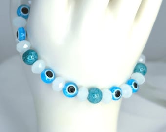 Handmade Evil Eye Bracelet | Blue Glass Beads, Apatite, Crystals | Boho Stackable Jewelry