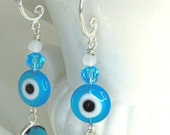 Handmade Evil Eye Beaded Earrings | Blue Crystal Dangle Earrings | Protective Charm Jewelry