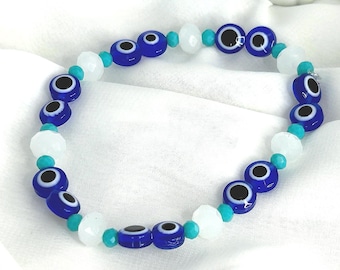 Handmade Blue Evil Eye Bracelet, Turquoise White Beaded Protection Jewelry