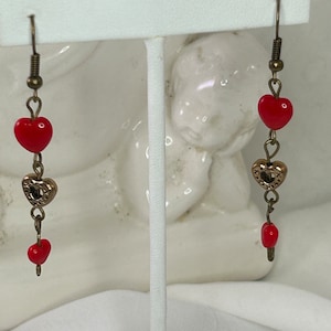 Old Fashioned Romance Dangle Earrings made of Red Pressed Czech Glass Hearts and Old Gold Color Open Heart Beads