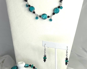 Handmade Turquoise and Black Beaded Jewelry Set – Necklace, Bracelet & Earrings