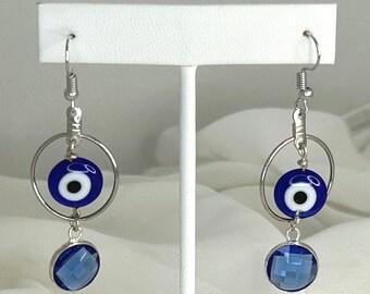 Blue Lampwork (Murano Glass Style) Glass Evil Eye Dangle Earrings