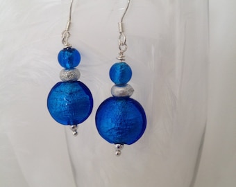 Azure Blue Glass Bead Dangle Earrings - Tropical Silver Shimmer