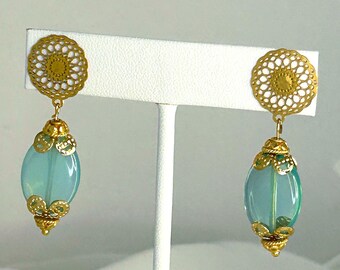 Modern Baroque Dangle Earrings with Aqua Translucent Glass Beads and Golden Filligree Accents