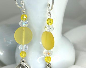 Cheery Yellow Seaglass-like Beads and Silvery Seashell Earrings Reminiscent of a Sunny Day by the Sea