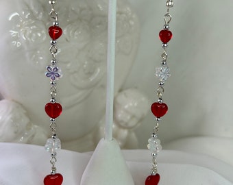 Red Heart & Flower Dangle Earrings, Czech Glass Beads