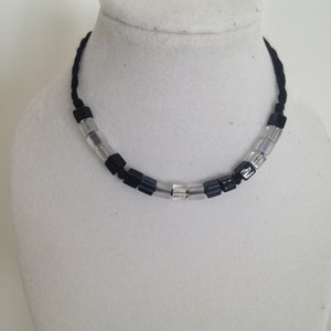 Grey Scale Beaded Friendship Bracelet Black, Grey, Silver, and clear tie-on bracelet On Sale image 2
