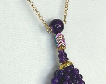 Handmade Amethyst Beaded Tassel Necklace | Gold Tone Chain, Boho Chic Pendant