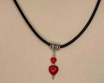 Hold on Love Necklace with Czech Pressed Glass Red Heart Beads, Silver Findings and 20 Inch Black Leather Cord