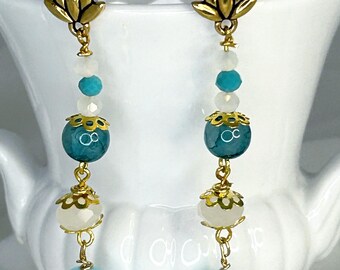 Graceful Dangle Earrings are a Study of Aqua and Teal - Amazonite, Apatite Stone Beads with Crystal Accents