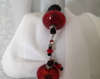 Bangle Bracelet in Serpentine Inspired Black and Red Swirl Peyote Stitch with Art Beads