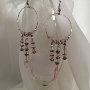 Chandelier Earrings - Pink, Crystal, Silver, Hoop Style - Belly Dance Inspired