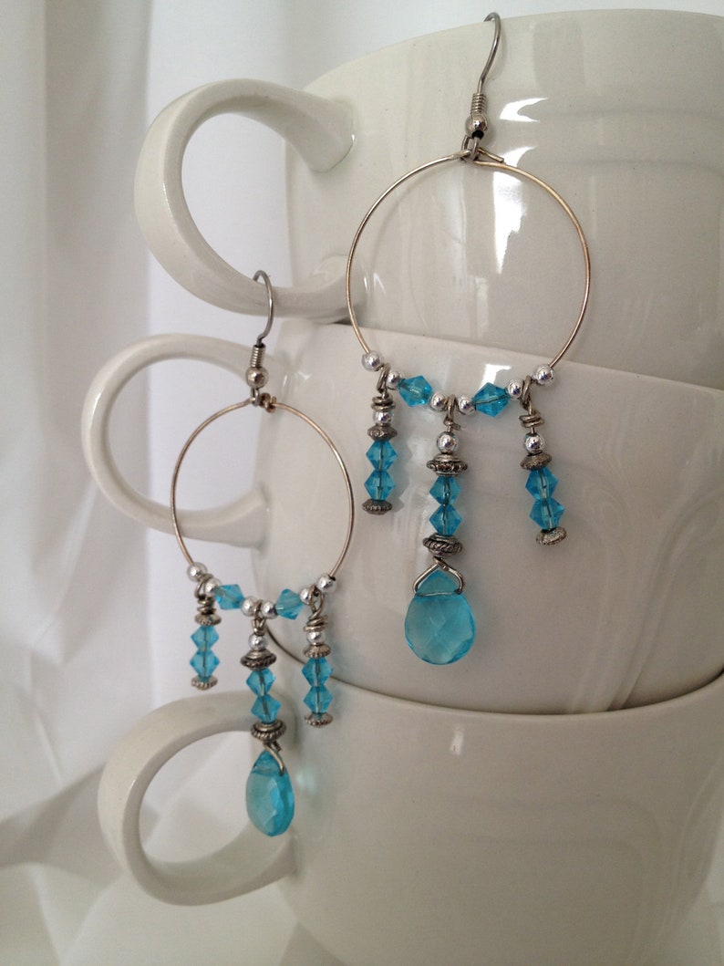 Chandelier Earrings Aqua Turquoise Blue Silver Hoop Style Etsy