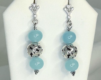 Elegant Aqua Amazonite Stone and Siver Bead Dangle Earrings with crystal encrusted Fleur-de-Lis ear posts.