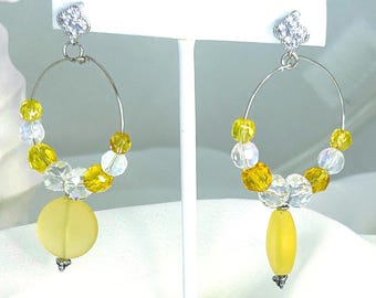 Sunny Yellow Seaglass-like Beads and Irridescent Crystal Hoop Earrings  for a Beachy, Beautiful Look