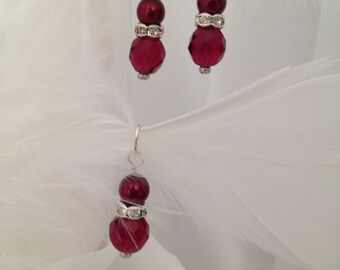 Earring and Pendant Set in Red Crystal and Pearl with brilliant accents for everyday glamour