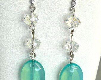 Aqua Iridescent Glass Crystal Dangle Earrings – Beach Wave Sparkle Jewelry