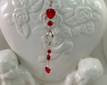 Red Crystal Czech Glass Choker Necklace, Silver Velvet Cord