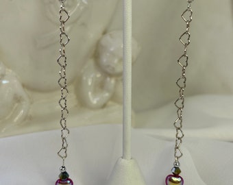 Linked By Love Long Shoulder Duster Dangle Earrings with Iridescent Red Translucent Glass Hearts