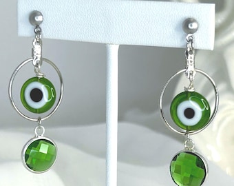 Green Evil Eye Earrings - Lampwork Glass Beads, Silver-Tone Hoops and Crystals