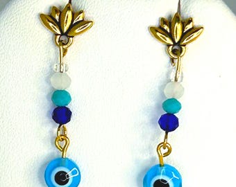 Evil Eye Dangle Earrings, Blue Aqua White Glass Beads, Gold Lotus Findings
