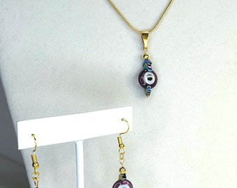 Handmade Lavender Evil Eye Necklace Earrings Set, Gold Tone Protection Jewelry
