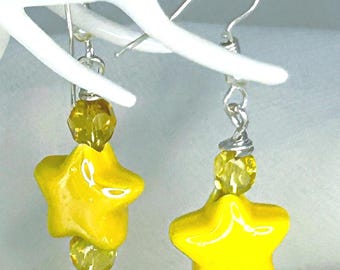 Little Star Earrings - Ceramic glazed star beads with vintage yellow faceted glass beads