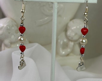 Perfectly Lovely Dangle Earrings Feature Glass Pearls, Silver Heart Charms, and Unique Red Pressed Czech Glass Heart Beads