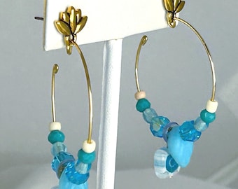 Aqua Gold Hoop Earrings, Czech Glass Milliefiori Crystal Beads