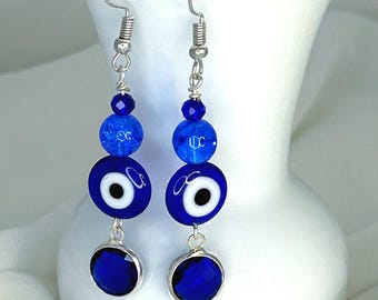 On-Trend Royal Blue Evil Eye Beaded Dangle Earrings